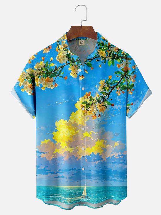 Moisture Wicking Beach Floral Scenery Chest Pocket Hawaiian Shirt