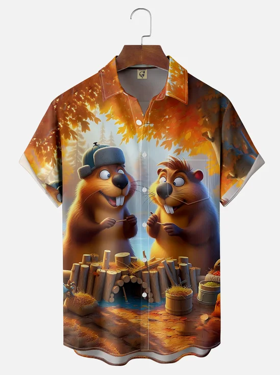 Moisture Wicking Fall Funny Beaver Chest Pocket Hawaiian Shirt