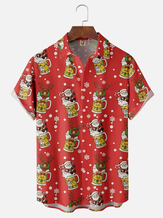 Moisture-Wicking Santa Claus Beer Snowman Fairy Lights Chest Pocket Hawaiian Shirt