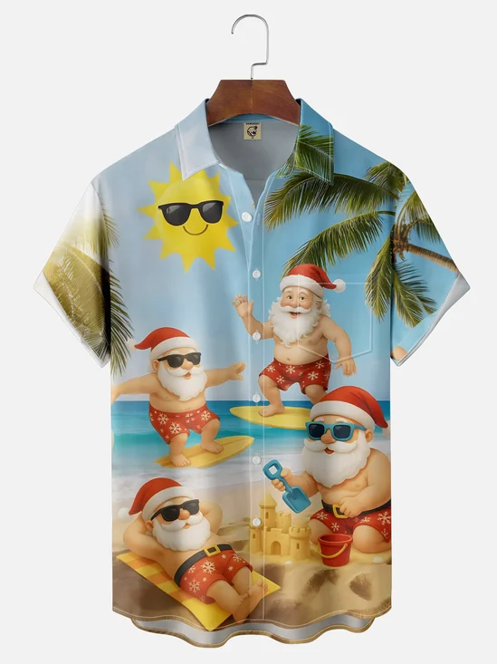 Moisture Wicking Santa Beach Chest Pocket Hawaiian Shirt