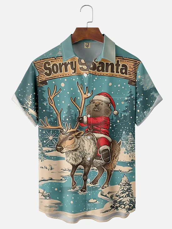 Moisture Wicking Christmas Funny Beaver Riding Elk Chest Pocket Hawaiian Shirt