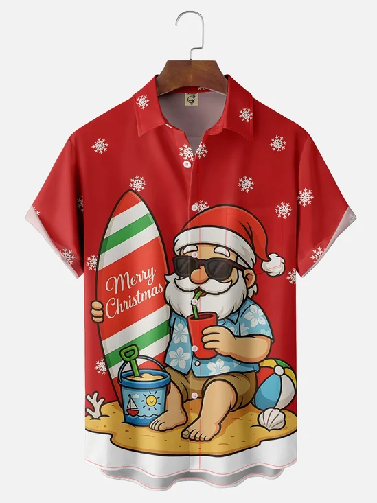 Moisture-Wicking Santa Claus Surfboard Chest Pocket Hawaiian Shirt