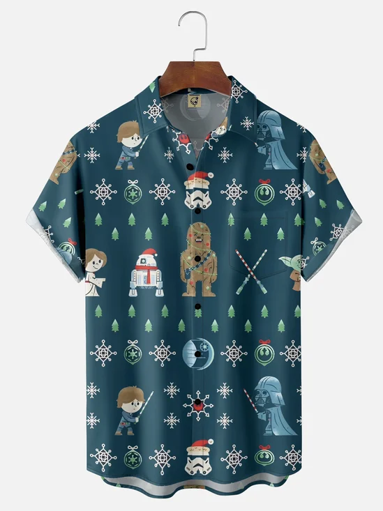 Moisture-Wicking Christmas Star Robot Chest Pocket Hawaiian Shirt