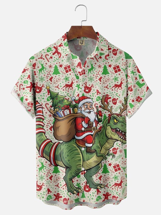 Moisture-Wicking Santa Claus Dinosaur Christmas Reindeer Chest Pocket Hawaiian Shirt