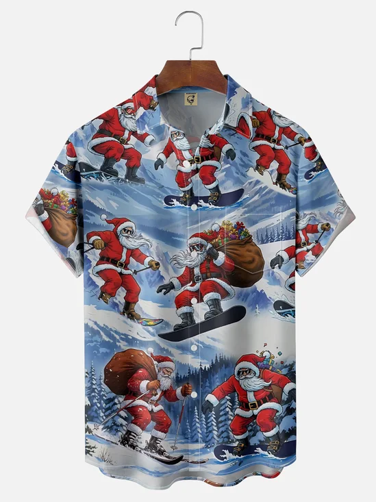 Moisture Wicking Santa Claus Skiing Chest Pocket Holiday Shirt