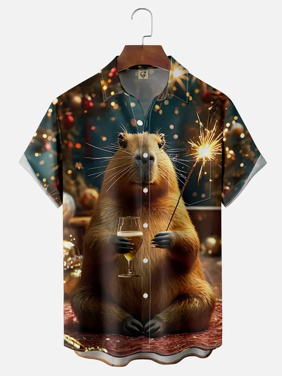 Moisture-Wicking Canada Ombre Happy New Year Beaver Wine Glass Fireworks Chest Pocket Hawaiian Shirt