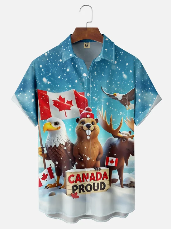 Moisture-Wicking Canadian Ombre Pride Beaver Moose Eagle Maple Leaf Chest Pocket Hawaiian Shirt