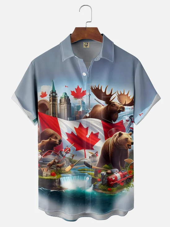 Moisture-wicking Canada Beaver Reindeer Brown Bear Chest Pocket Casual Shirt
