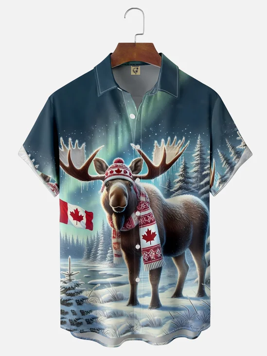 Moisture Wicking Canadian Culture Flag Elk Chest Pocket Hawaiian Shirt