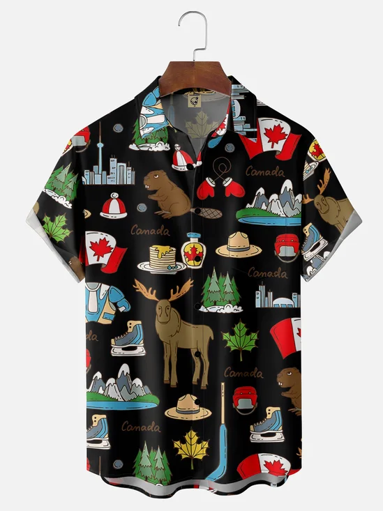 Moisture-Wicking Canadian Culture Beaver Moose Maple Leaf Chest Pocket Hawaiian Shirt