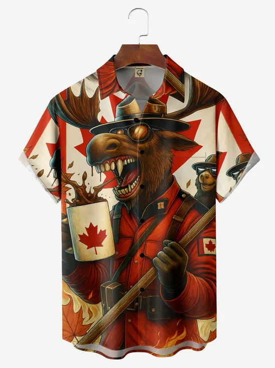 Moisture-wicking Canadian Elk Maple Leaf Beaver Chest Pocket Casual Shirt