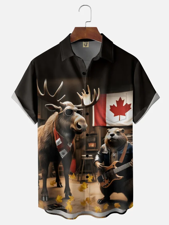 Moisture-wicking Canadian Elk Beaver Guitar Music Chest Pocket Casual Shirt