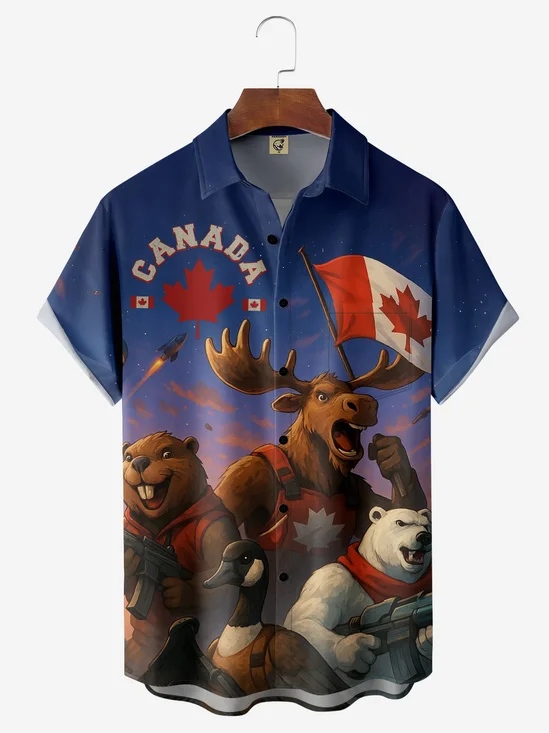 Moisture-wicking Canadian Elk Beaver Bear Maple Leaf Chest Pocket Casual Shirt