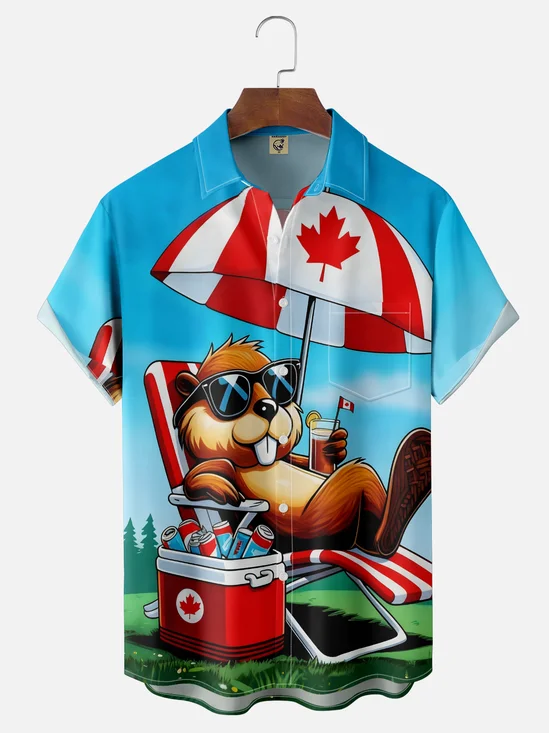Moisture Wicking Canadian Culture Funny Beaver Chest Pocket Hawaiian Shirt