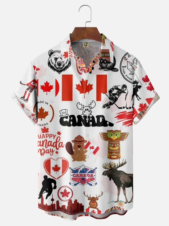 Moisture Wicking Canadian Culture Flag Beaver Elk Goose Breast Pocket Hawaiian Shirt