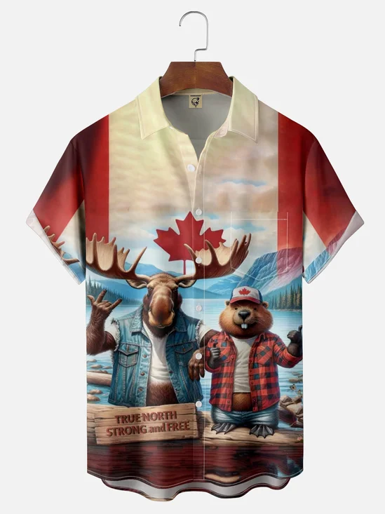 Moisture Wicking Canadian Culture Beaver Elk Chest Pocket Hawaiian Shirt