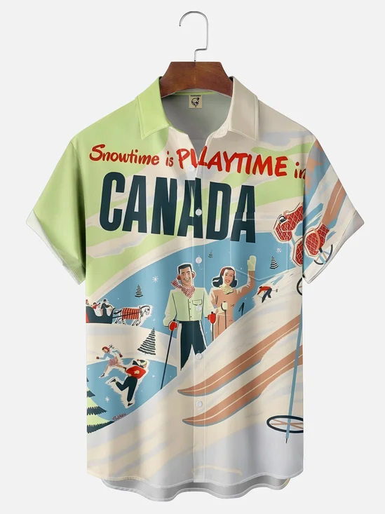Moisture-wicking Canada Ski Season Vintage Art Chest Pocket Casual Shirt