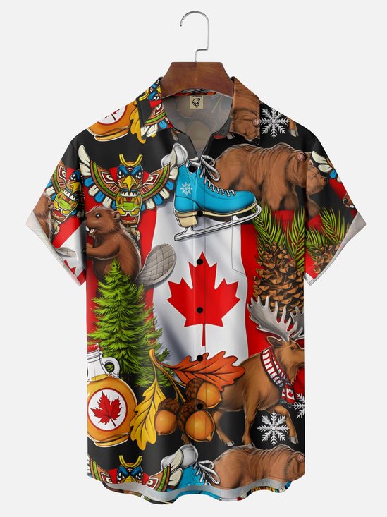 Moisture Wicking Canadian Culture Maple Leaf Beaver Moose Chest Pocket Hawaiian Shirt