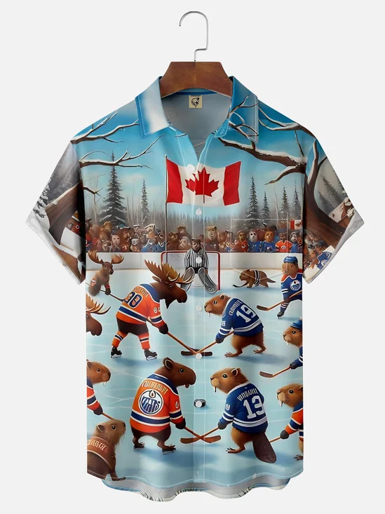 Moisture-Wicking Canadian Gradient Beaver Moose Ice Hockey Game Chest Pocket Hawaiian Shirt