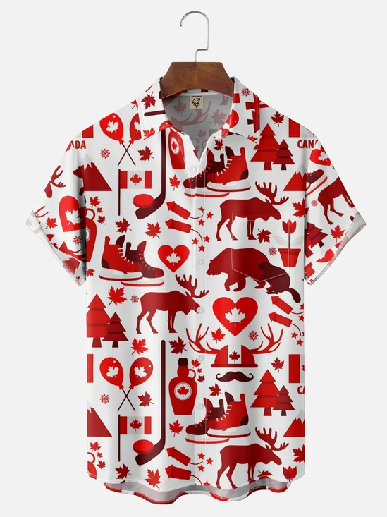 Moisture Wicking Canadian Culture Maple Leaf Animal Chest Pocket Hawaiian Shirt