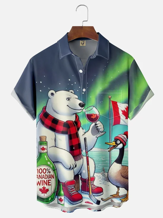 Moisture Wicking Canadian Culture Polar Bear Goose Chest Pocket Hawaiian Shirt