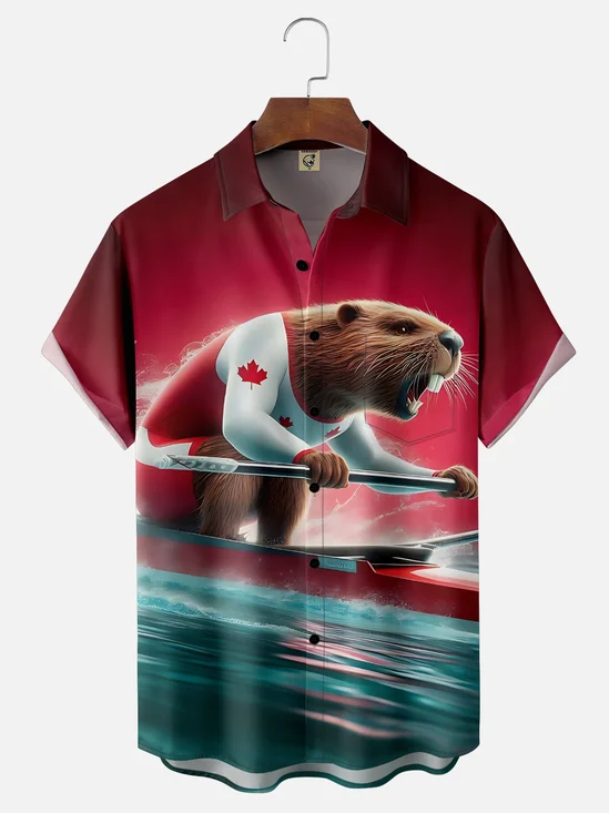 Moisture-Wicking Canadian Gradient Beaver Kayaking Sports Chest Pocket Hawaiian Shirt