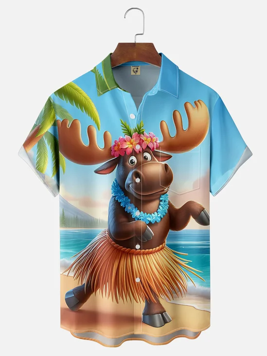 Moisture-Wicking Canadian Ombre Moose Beach Chest Pocket Hawaiian Shirt