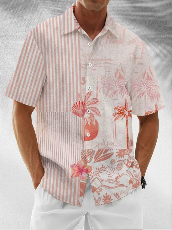 Moisture Wicking Striped Coconut Palm Leaf Chest Pocket Hawaiian Shirt