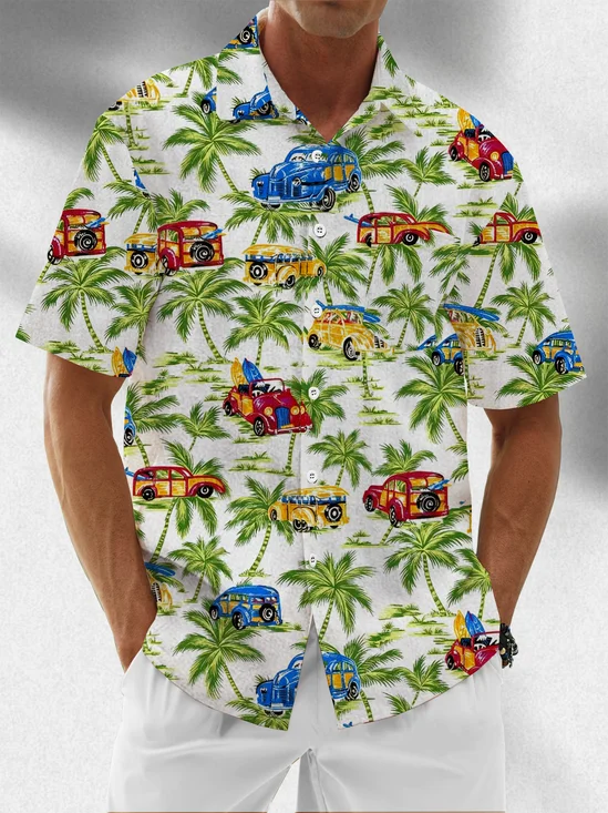 Moisture Wicking Coconut Tree Vintage Car Chest Pocket Hawaiian Shirt