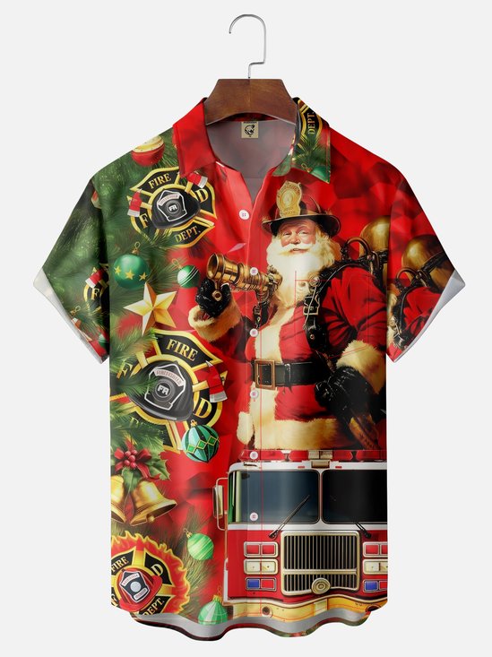 Moisture-wicking Christmas Santa Fire Truck Chest Pocket Casual Shirt