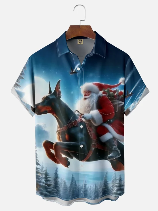 Moisture-wicking Christmas Santa Claus Riding A Dog Art Fun Chest Pocket Casual Shirt