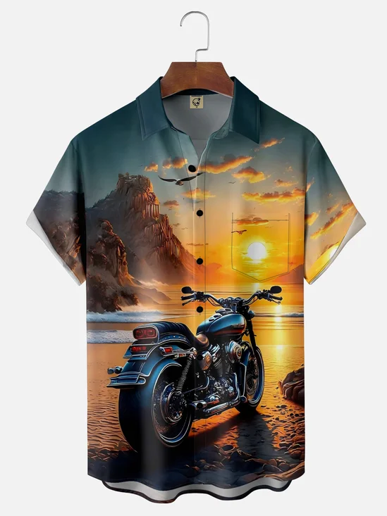 Moisture Wicking Beach Vacation Motorcycle Chest Pocket Hawaiian Shirt