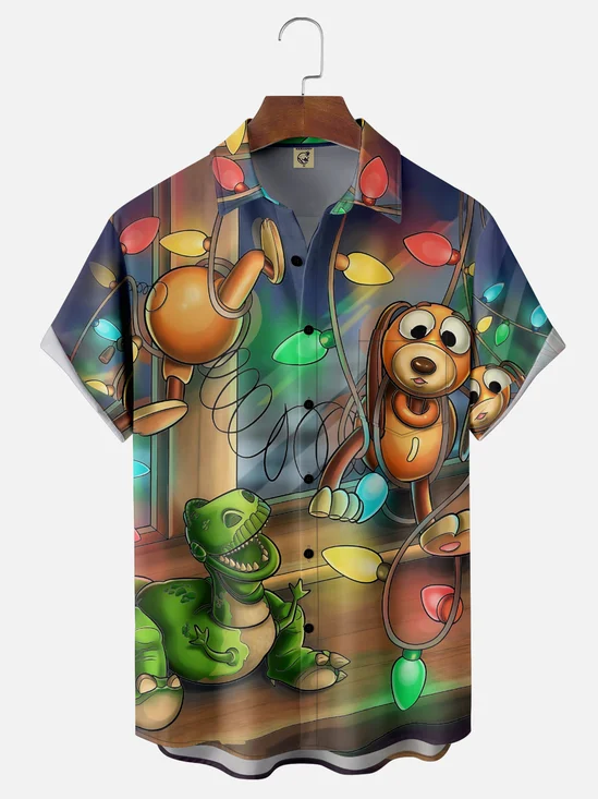 Moisture Wicking Merry Christmas Slinky Dog and Rex Chest Pockets Hawaiian Shirt