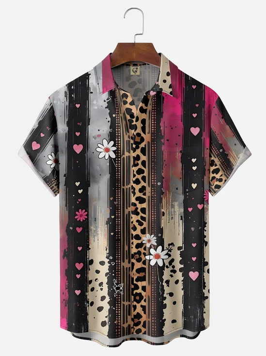 Moisture Wicking Striped Leopard Print Hawaiian Shirt with Chest Pocket