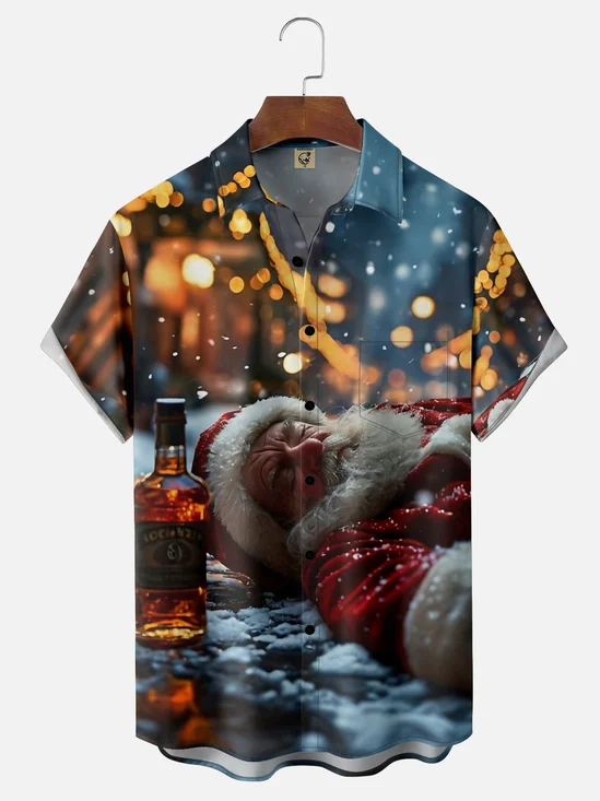 Moisture-wicking Christmas Santa Whisky Chest Pocket Casual Shirt