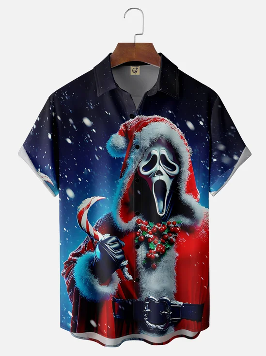 Moisture-wicking Christmas Candy Cane Mask Chest Pocket Casual Shirt