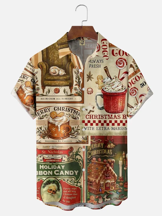Moisture-wicking Christmas Santa Claus Retro Poster Chest Pocket Casual Shirt
