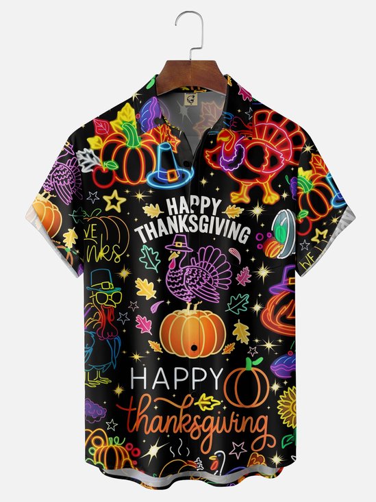 Moisture-wicking Thanksgiving Turkey Neon Sign Chest Pocket Casual Shirt