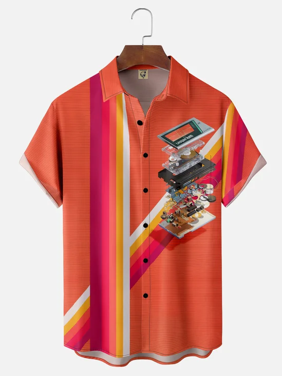 Moisture-wicking Retro Music Instrument Tapes Chest Pocket Bowling Shirt