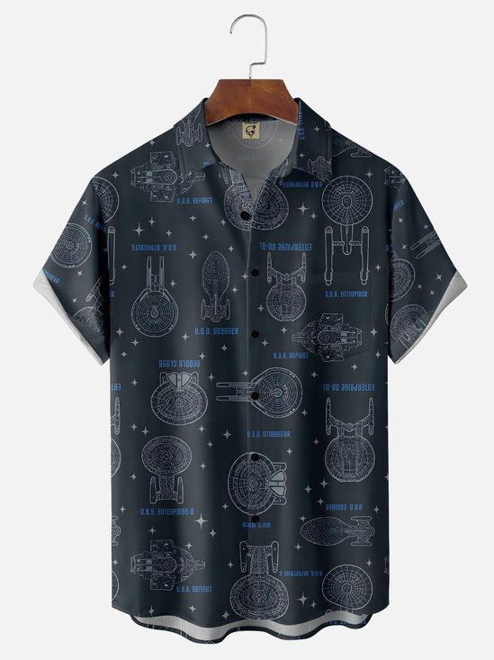 Moisture-wicking Stars Universe Spaceship Chest Pocket Casual Shirt