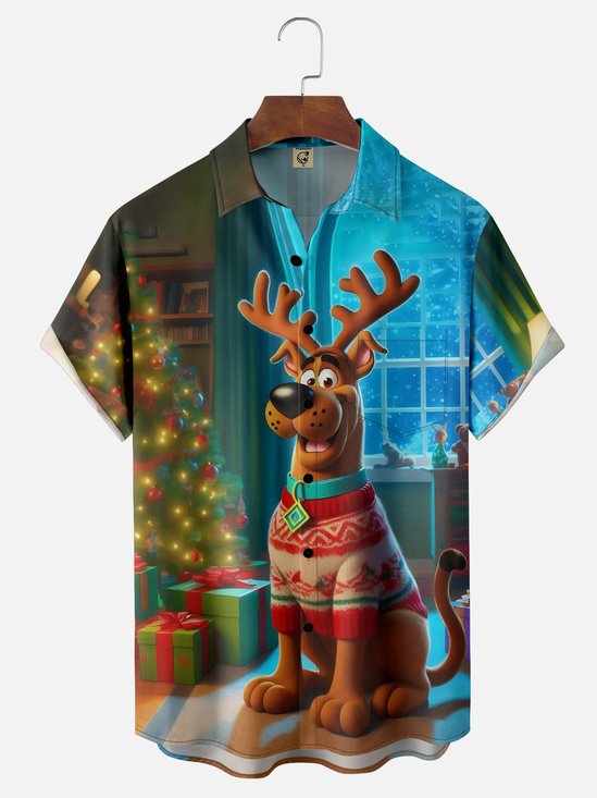 Moisture-wicking Christmas Dog Christmas Tree Art Fun Chest Pocket Casual Shirt