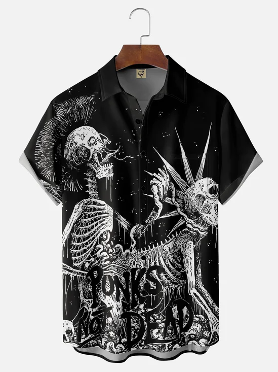 Moisture-wicking Music Festival Grunge Art Punk Skeleton Chest Pocket Casual Shirt