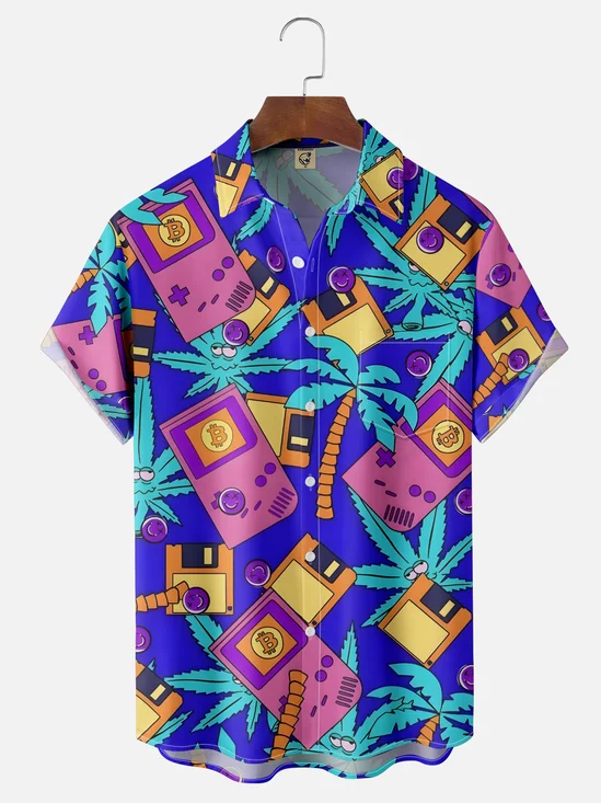 Moisture-wicking Retro Game Console Coconut Tree Chest Pocket Casual Shirt