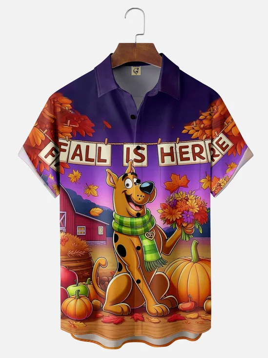 Moisture-wicking Thanksgiving Fall Harvest Dog Pumpkin Chest Pocket Casual Shirt
