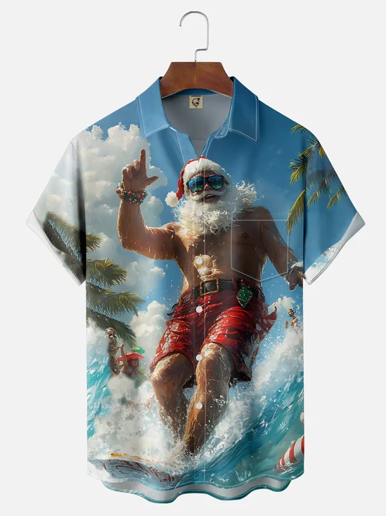 Moisture-wicking Christmas Santa Claus Fun Surfing Chest Pocket Casual Shirt