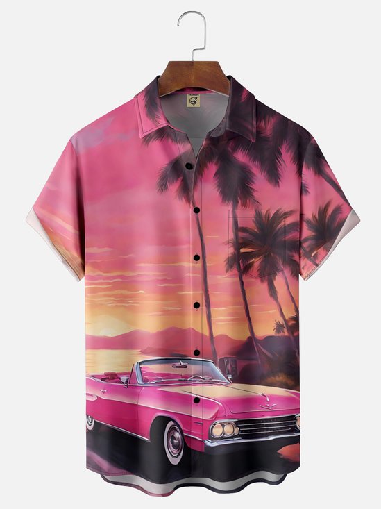 Moisture Wicking Beach Vacation Vintage Car Chest Pocket Hawaiian Shirt