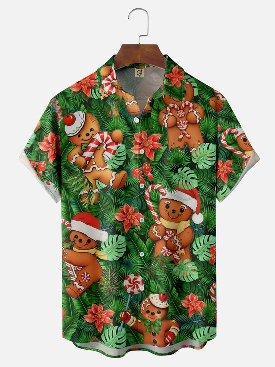 Moisture-wicking Christmas Gingerbread Man Palm Leaves Chest Pocket Casual Shirt
