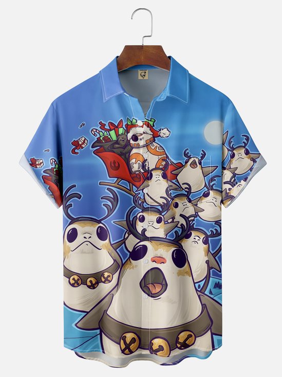 Moisture-wicking Christmas Elk Cartoon Chest Pocket Casual Shirt