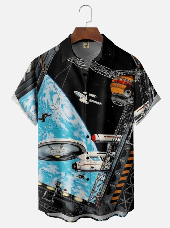 Moisture-wicking Star Universe Spaceship Chest Pocket Casual Shirt