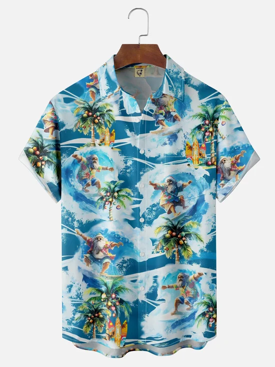 Moisture-wicking Christmas Santa Claus Surfing Chest Pocket Casual Shirt